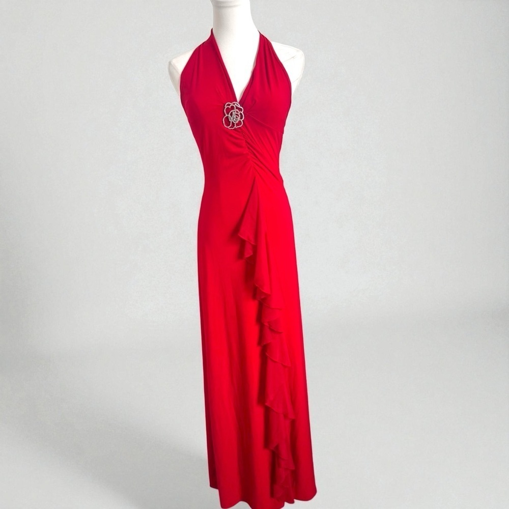 Vintage Red Halter Evening Gown w Cascading Ruffle Crystal Brooch 90s Y2K Glam M